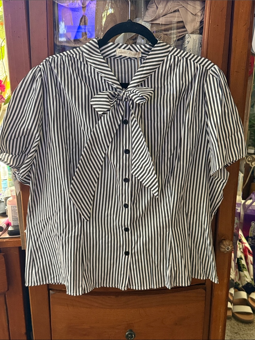 NWTS Belle Poque Women's Striped Tie-Neck Blouse - Black & White